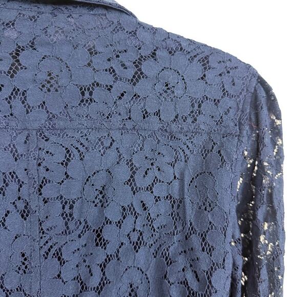 Marla Wynne Collection Navy Lace Sheer Sleeves Belted Button Up Top Blouse sz S - Picture 12 of 16